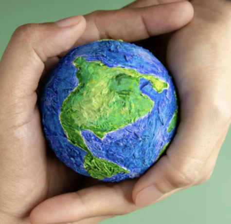 Hands holding the Earth globe, representing a commitment to sustainable roofing and environmental responsibility.